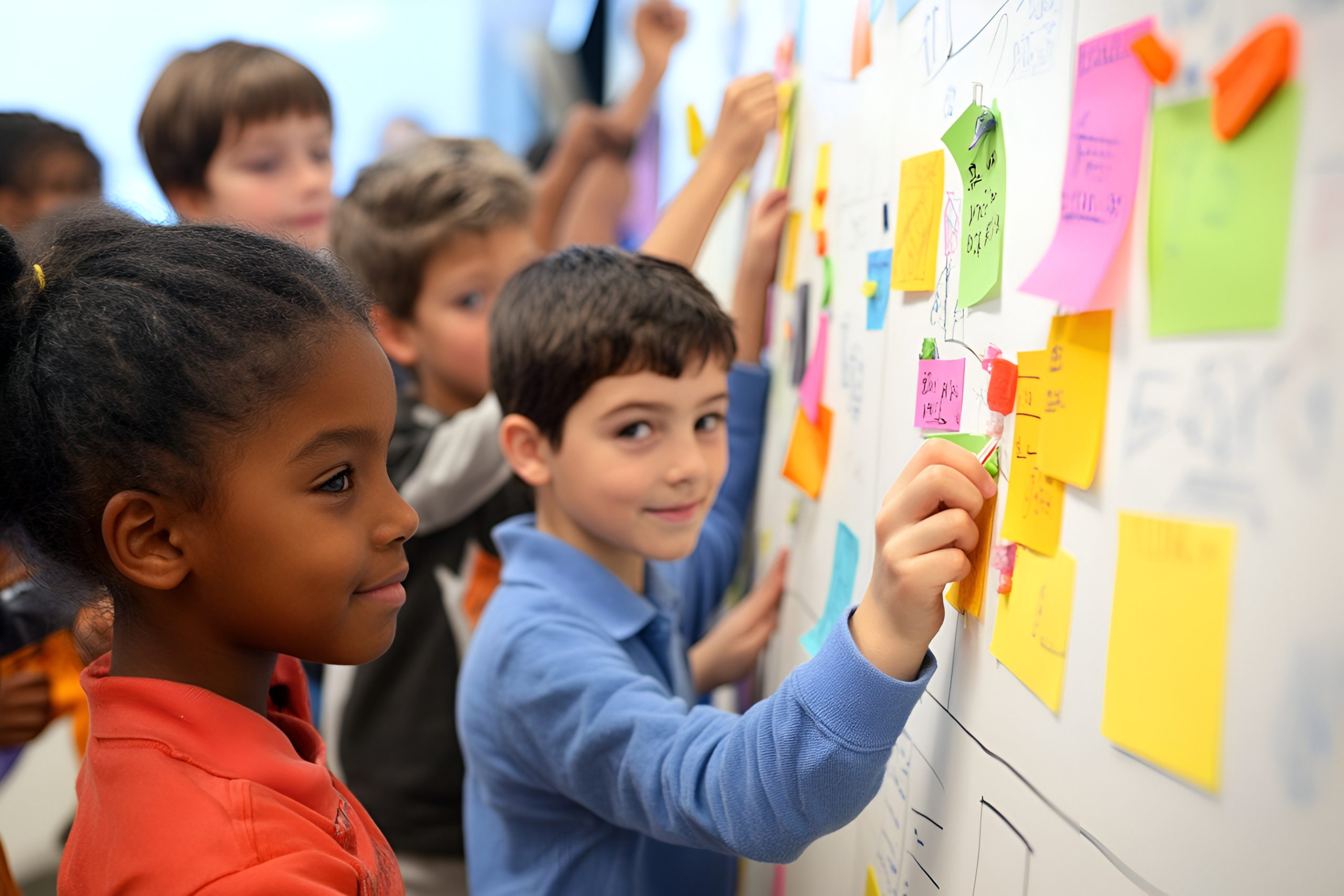 Children at a whiteboard, covered in sticky notes, involved in brainstorming