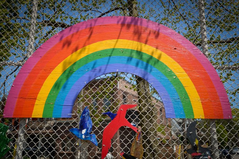 Photo of a wooden, painted rainbow on the Brock School fence