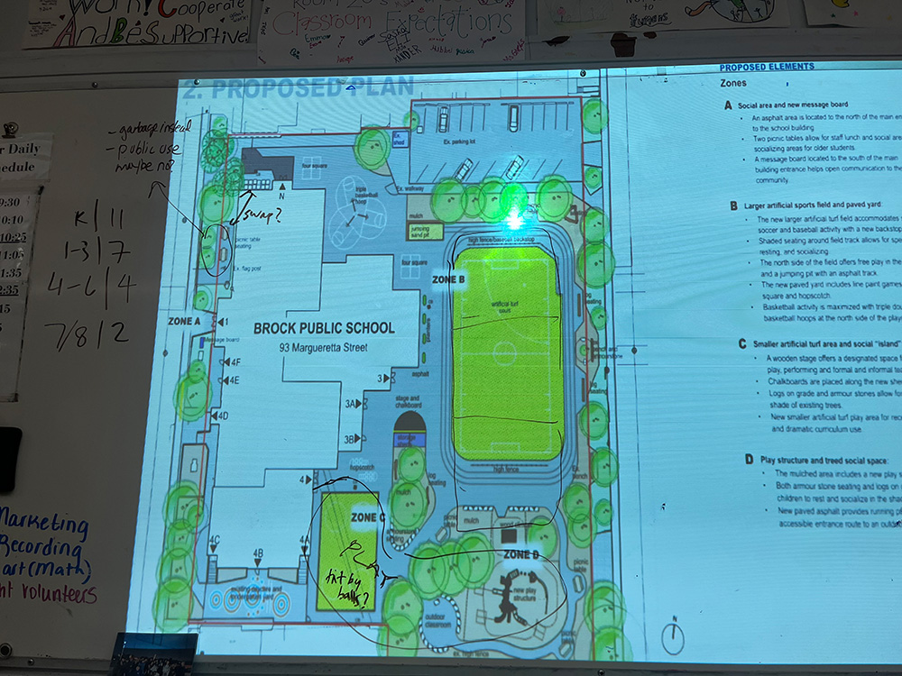 Photo of site plan projected on whiteboard, with marker annotations