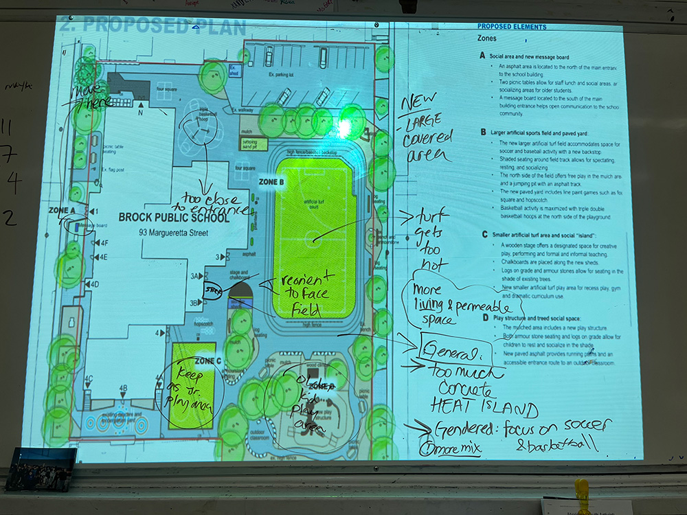 Photo of site plan projected on whiteboard, with marker annotations