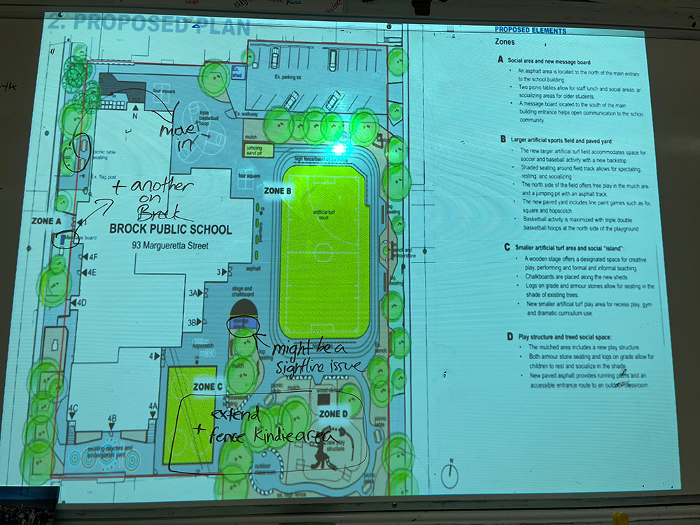Photo of site plan projected on whiteboard, with marker annotations
